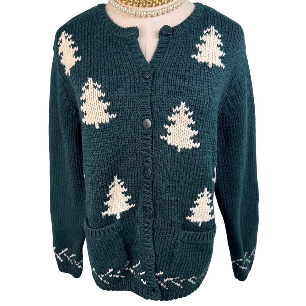 Talbots vintage 100% wool pine tree cardigan sweater green white size medium M